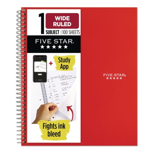 Five Star Wirebound Notebook With Two Pockets, 1-Subject, Wide/Legal Rule, Red Cover