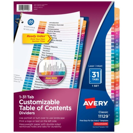 Avery Ready Index Table Of Content Dividers For Laser And Inkjet Printers, 1-31