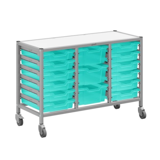 Dynamis Low Triple Cart With 2 - 3" Braked Castors & Feet 12 - 3 Inch Deep F2 Trays And 3 - 6 Inch Deep F2 Trays In Kiwi With An Antimicrobial Finish