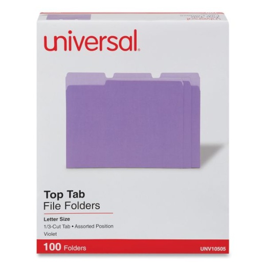 Universal Deluxe Colored Top Tab File Folders, 1/3-Cut Tabs: Assorted, Letter Size, Violet/Light Violet, 100/Box
