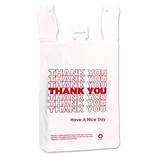 Inteplast Group Hdpe T-Shirt Bags, Thank You - Have A Nice Day Labeling, Cut-Out Handles, 12" X 7" X 23", White/Red, 500/Carton
