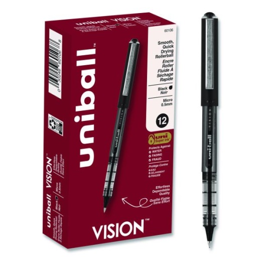 Uniball Vision Roller Ball Pen, Stick, Extra-Fine 0.5 Mm, Black Ink, Gray/Black/Clear Barrel, Dozen