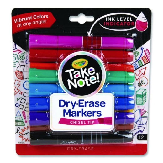 Crayola Take Note Dry-Erase Markers, Broad, Chisel Tip, Assorted, 12/Pack