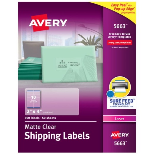 Avery Matte Shipping Labels with Sure Feed Technology, 5663, Rectangle, 2x4, Clear, Pack of 500