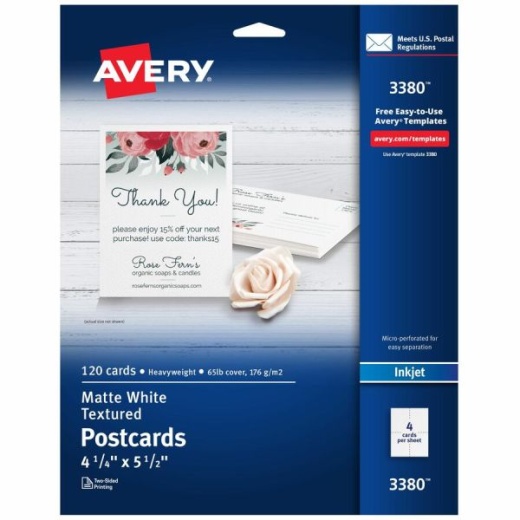 Avery(R) Printable Postcards, 4.25" x 5.5" , Textured White, 120 Blank Postcards For Inkjet And Laser Printers (3380)