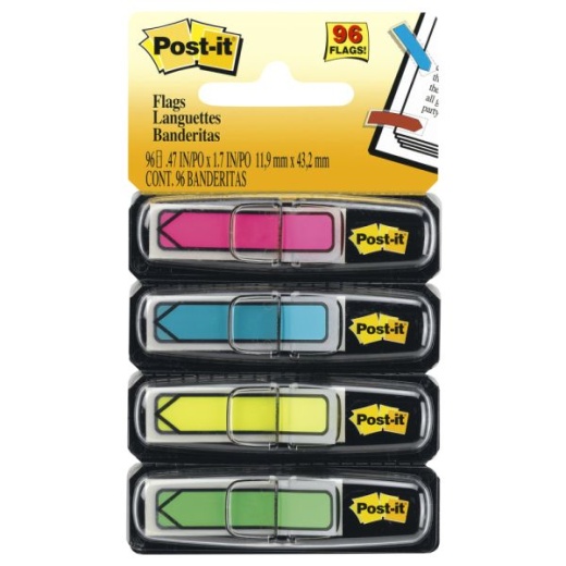 Post-It Arrow Flags, 1/2" x 1-11/16", Assorted Bright Colors, 24 Flags Per Pad, Pack Of 4 Pads