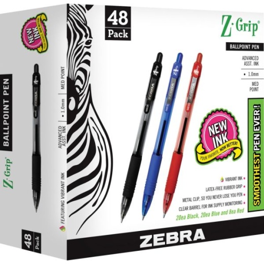 Zebra Pen Z-Grip Retractable Ballpoint Pens - Medium Pen Point - 1 Mm Pen Point Size - Retractable - Assorted - Clear Plastic Barrel - 48 / Pack