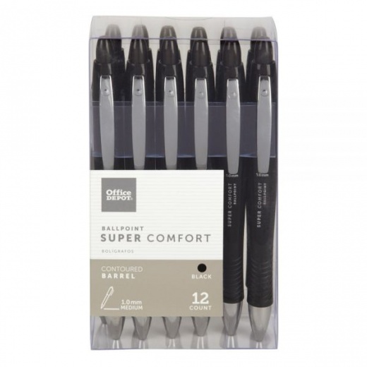 Super Comfort Grip Retractable Ballpoint Pens, Medium Point, 1.0 Mm, Black Barrel, Black Ink, Pack Of 12