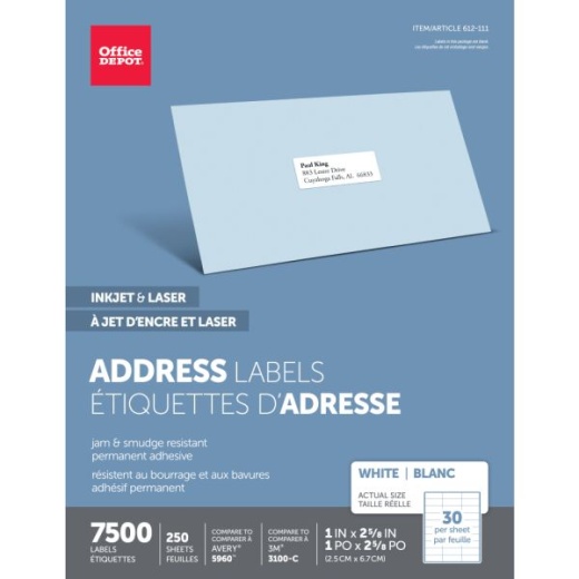 Inkjet/Laser Address Labels, Rectangle, 1" x 2 5/8", White, Pack Of 7,500