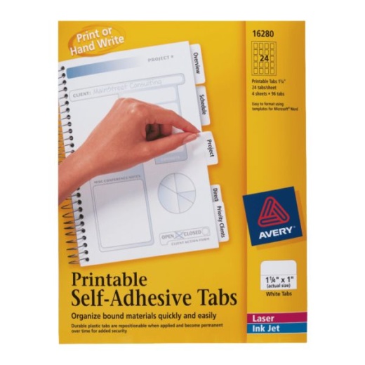 Avery Printable Self-Adhesive Tabs, 1 1/4" x 1", White, Pack Of 96