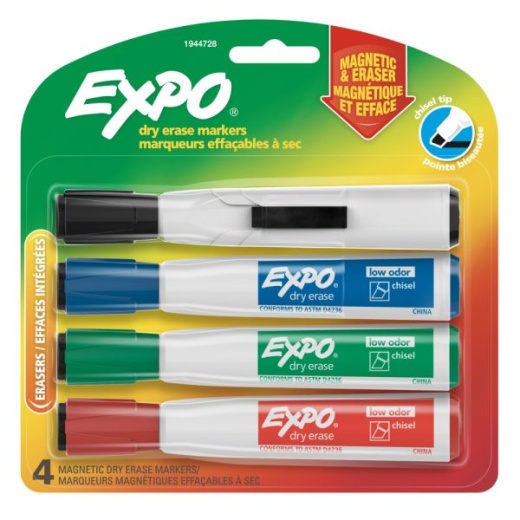 Expo Magnetic Dry Erase Markers With Eraser, Chisel Tip, Assorted Ink Colors, Pack Of 4