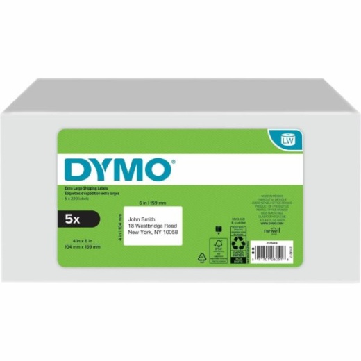 Dymo Labelwriter Xl Shipping Labels, 4" x 6", Rectangle, White, 220 Labels Per Roll, Pack Of 5 Rolls