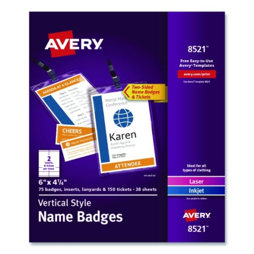 Avery Lanyard-Style Badge Holder W/Laser/Inkjet Inserts, Top Load, 4.25 X 6, WE, 75/PK