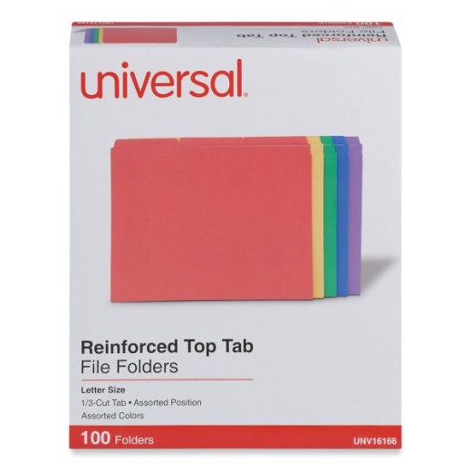 Universal Reinforced Top-Tab File Folders, 1/3-Cut Tabs: Assorted, Letter Size, 1" Expansion, Assorted Colors, 100/Box