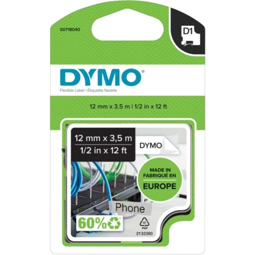 Dymo D1 High-Performance Flexible Nylon Fabric Tape for Label Makers - 1/2" x 12' - Black Print on White