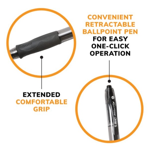 Bic Velocity Ball Pens, Retractable, Medium, Black - 12 pens