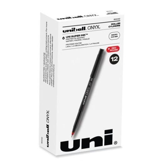 Uniball Onyx Roller Ball Pen, Stick, Extra-Fine 0.5 Mm, Red Ink, Black/Red Barrel, Dozen