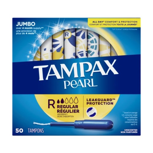 Tampax Pearl Tampons With Leakguard Braid, Regular Absorbency, Unscented, 50 Tampons Per Box, Case Of 8 Boxes