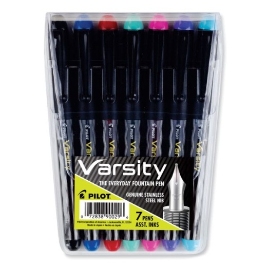 Pilot Varsity Fountain Pen, Medium 1 mm, Assorted Ink and Barrel Colors, 7/Pack