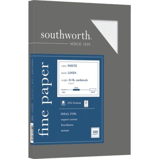 Southworth 25% Cotton Linen Cover Stock, 8 1/2" x 11", 65 Lb, White, Pack Of 100