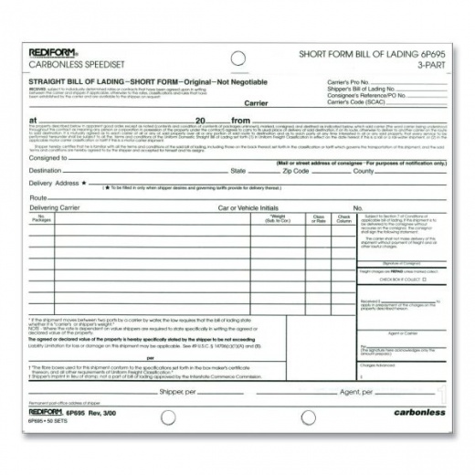 Rediform Speediset Bill Of Lading, Short Form, Three-Part Carbonless, 7 X 8.5, 50 Forms Total