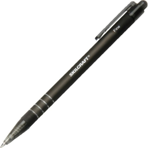 Skilcraft Abilityone Nonrefillable Rubberized Retractable Pens, Fine Point, Black Barrel, Black Ink, Pack Of 12 Pens