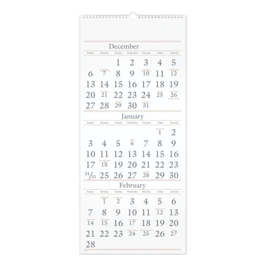 At-A-Glance Three-Month Reference Wall Calendar, 12 x 27, White Sheets, 15-Month: Dec 2024 to Feb 2026
