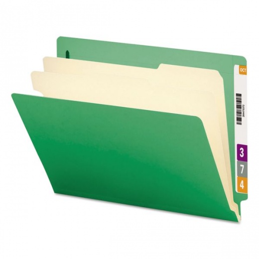 Smead Colored End Tab Classification Folders with Dividers, 2" Expansion, 2 Dividers, 6 Fasteners, Letter Size, Green, 10/Box