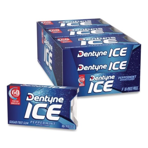 Dentyne Ice Sugarless Gum, Peppermint Flavor, 16 Pieces/Pack, 9 Packs/Box