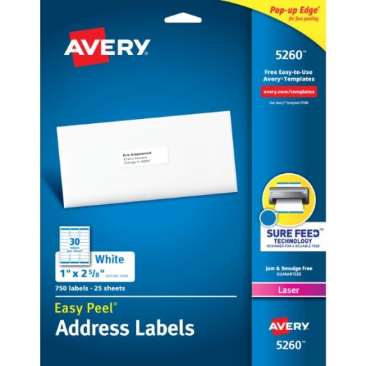 Avery Easy Peel Permanent Laser Address Labels, 1" x 2 5/8", FSC Certified, White, Pack Of 750