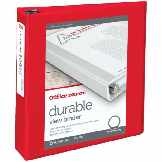 Durable View 3-Ring Binder, 2" Round Rings, Red