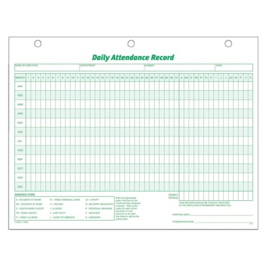 Daily Attendance Record, 8 1/2" x 11", Pack Of 50