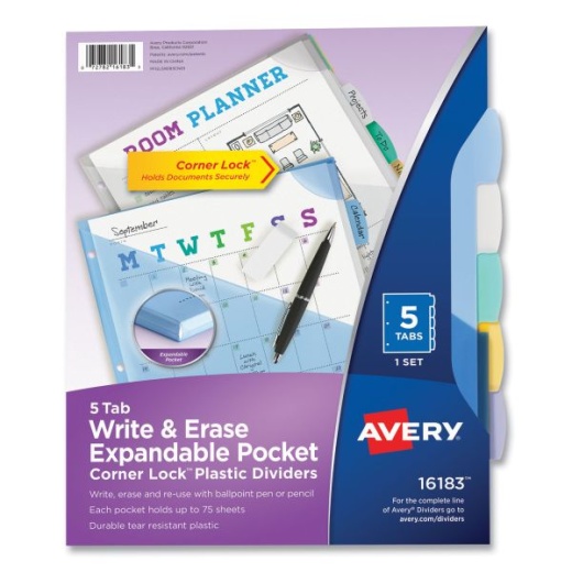 Avery Write and Erase Big Tab Durable Plastic Dividers, Expandable Pocket, 3-Hole Punched, 5-Tab, 11 x 8.5, Assorted, 1 Set