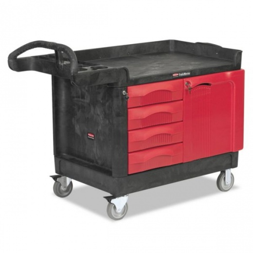 Rubbermaid Commercial Trademaster Cart with One Door, Plastic, 3 Shelves, 4 Drawers, 750 lb Capacity, 26.25" x 49" x 38", Black