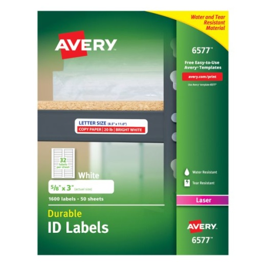 Avery Permanent Durable ID Labels With TrueBlock, 6577, 5/8" x 3", White, Pack Of 1,600