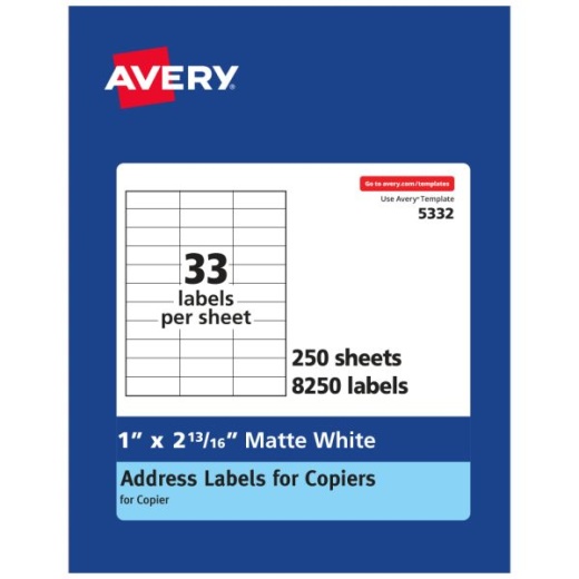 Avery Copier Permanent Address Labels, 5332, 1" x 2 13/16", White, Pack Of 8,250