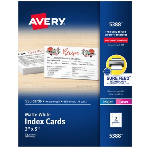 Avery Printable Index Cards with Sure Feed Technology, 3" x 5" White, 150 Blank Index Cards