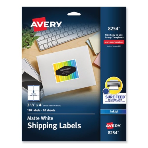Avery White Shipping Labels, Sure Feed, 3-1/3" x 4", 120 Labels (8254)