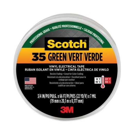 3M Scotch 35 Vinyl Electrical Color Coding Tape, 3" Core, 0.75" x 66 ft, Green