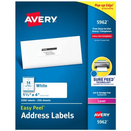 Avery Easy Peel Address Labels With Sure Feed Technology, 5962, Rectangle, 1-1/3" X 4", White, Pack Of 3,500