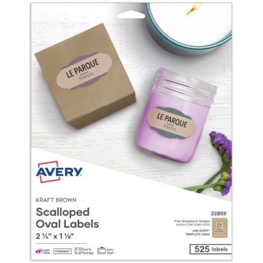 Avery Print-To-The-Edge Labels, 22855, Oval With Scallop Edge, 1-1/8" X 2-1/4", Kraft Brown, Pack Of 525 Labels