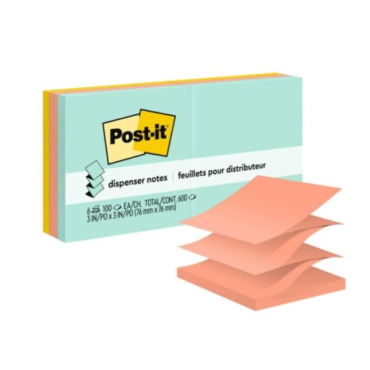 Post-it Dispenser Pop-Up Notes, 600 Total Notes, Pack Of 6 Pads, 3" x 3", Beachside Café Collection