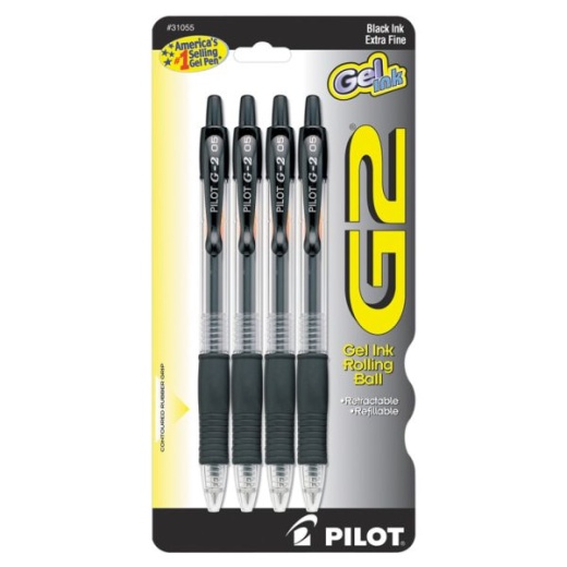 Pilot G2 Retractable Gel Pens, Extra Fine Point, 0.5 Mm, Black Barrels, Black Ink, Pack Of 4