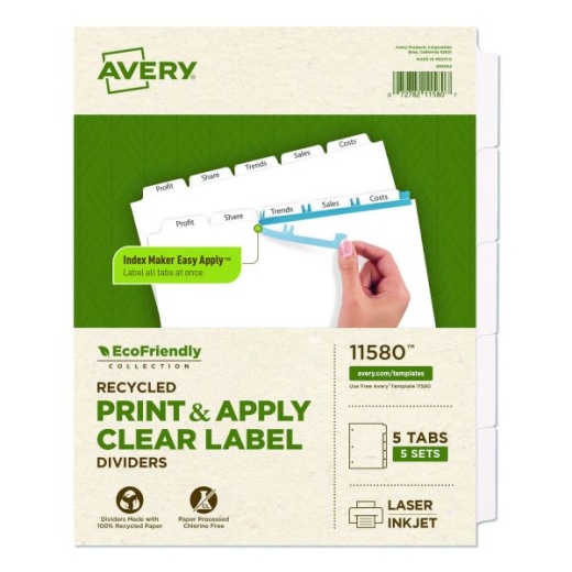 Avery Index Maker Ecofriendly Print and Apply Clear Label Dividers with White Tabs