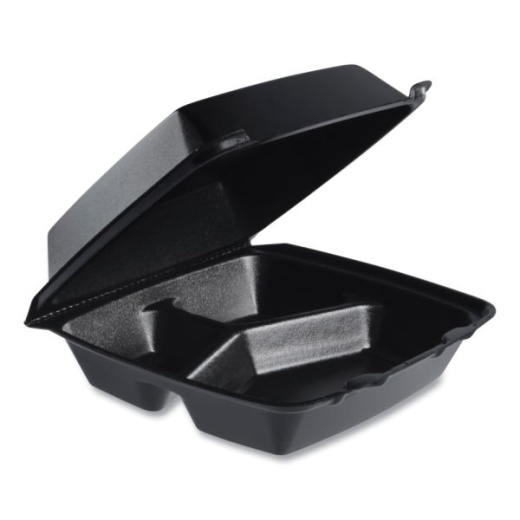 Dart Insulated Foam Hinged Lid Containers, 3 Compartments, 8-3/8”H X 8”W X 3-1/4”D, Black, Carton Of 200 Containers