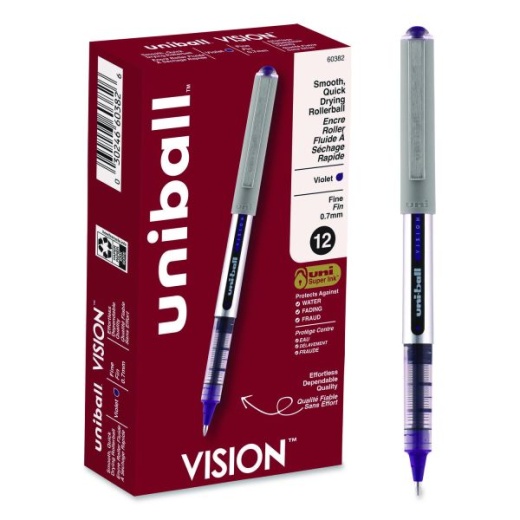 Uniball Vision Roller Ball Pen - Fine 0.7 Mm, Violet Ink, Silver/Violet/Clear Barrel, Dozen