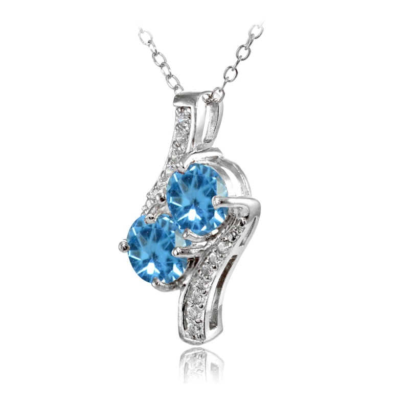 Sterling Silver Created Blue Topaz Round Two Stone And Cz Accents Necklace