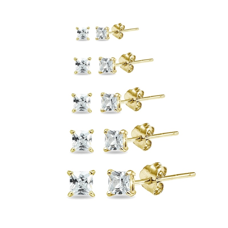 5 Pair Set Yellow Gold Flashed Sterling Silver Cubic Zirconia Princess-Cut Square Stud Earrings, 2Mm 3Mm 4Mm 5Mm 6Mm