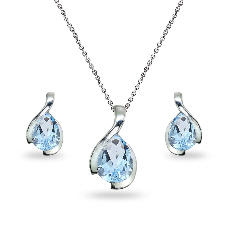 Sterling Silver Blue Topaz Pear-Cut Solitaire Teardrop Design Pendant Necklace & Stud Earrings Set