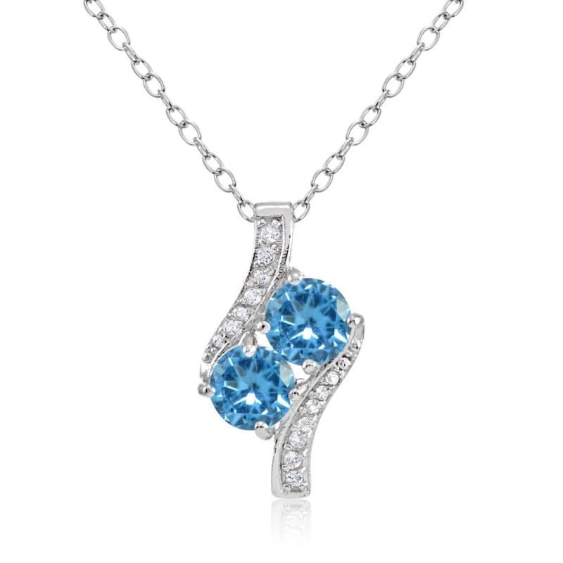 Sterling Silver Created Blue Topaz Round Two Stone And Cz Accents Necklace